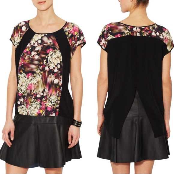 NWT Rebecca Minkoff Silk Floral Top Sz.L Black Pink Sleeveless Contrast Designer - Picture 1 of 11